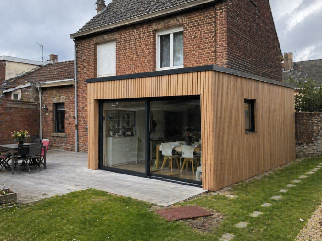 Agrandissement en ossature bois avec baies vitrées sur maison en brique dans la Somme