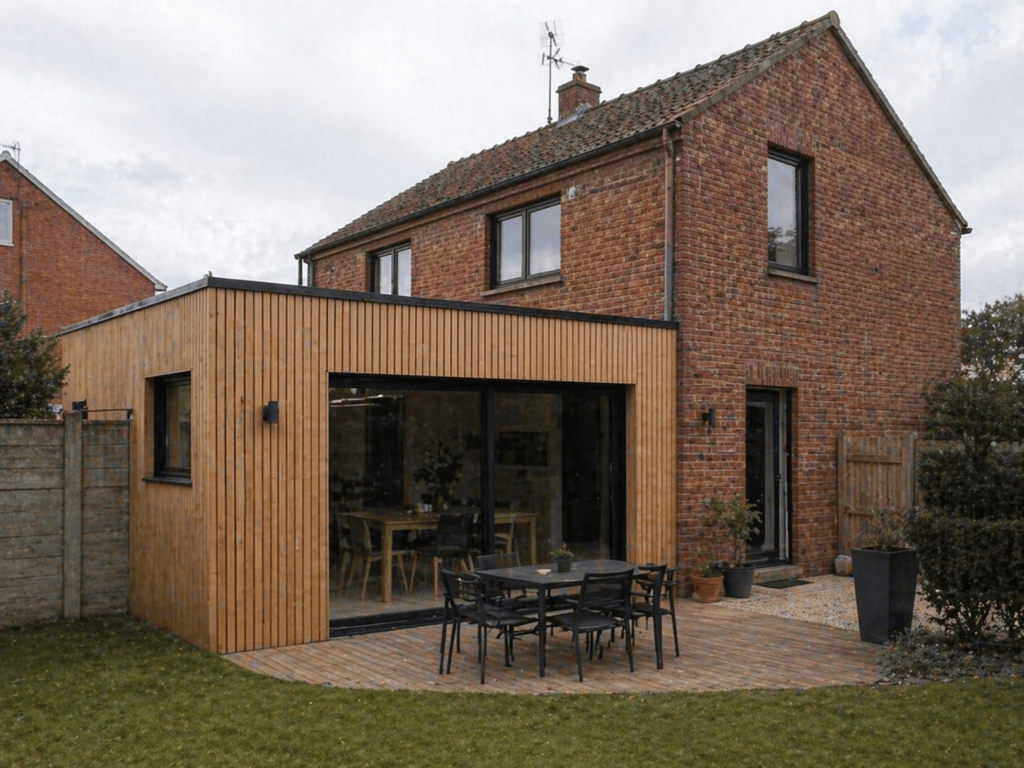 Extension en bois avec baie vitrée et terrasse attenante à une maison en brique