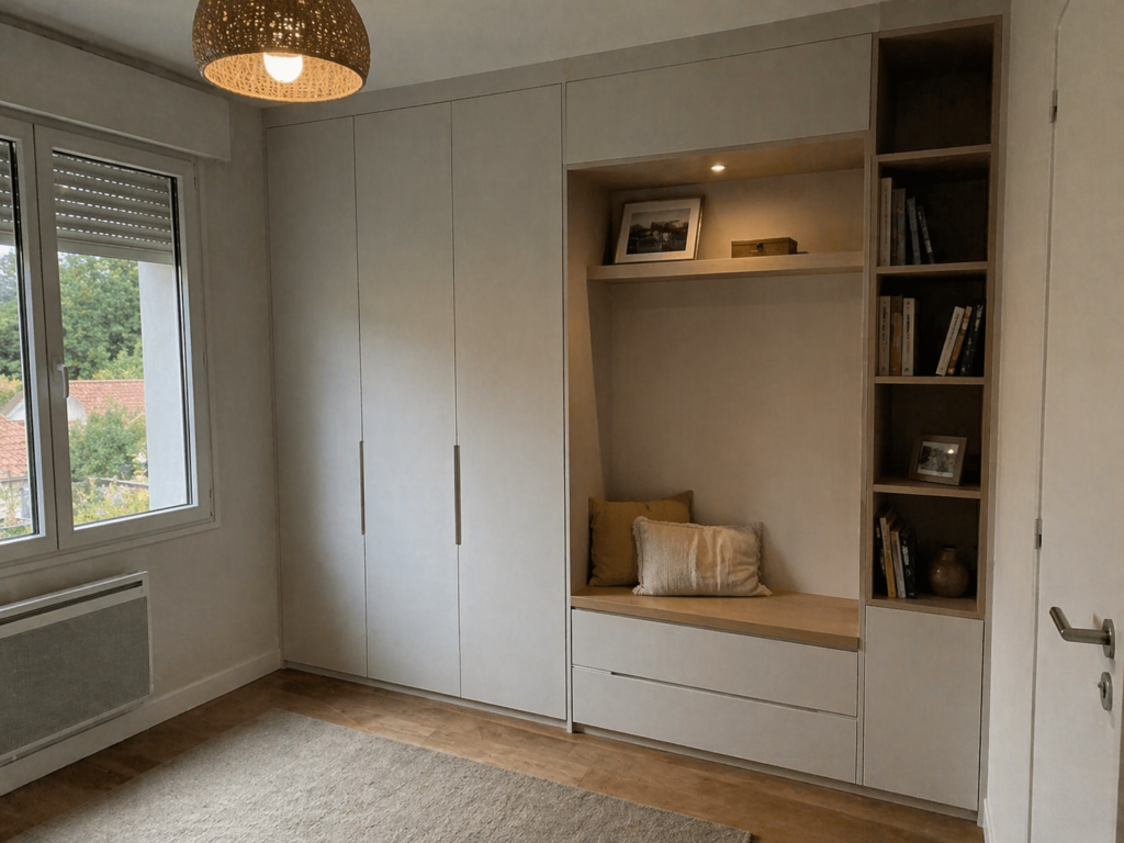 Meuble intégré chambre avec dressing, assise encastrée et étagères en bois clair