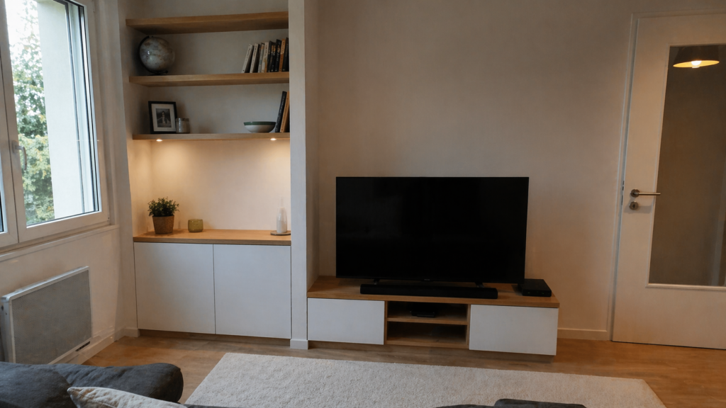 Meuble TV salon en bois clair avec étagères éclairées intégrées